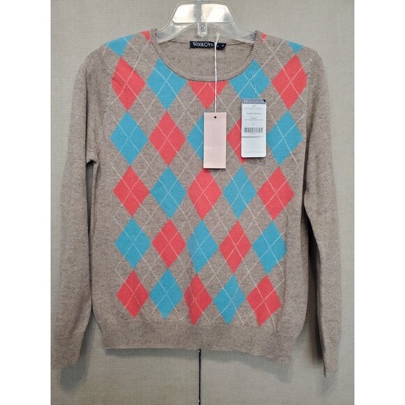 Woolovers Merino Wool/Cashmere Brown Argyle Long Sleeve Pullover Sweater S NWT - Picture 1 of 10